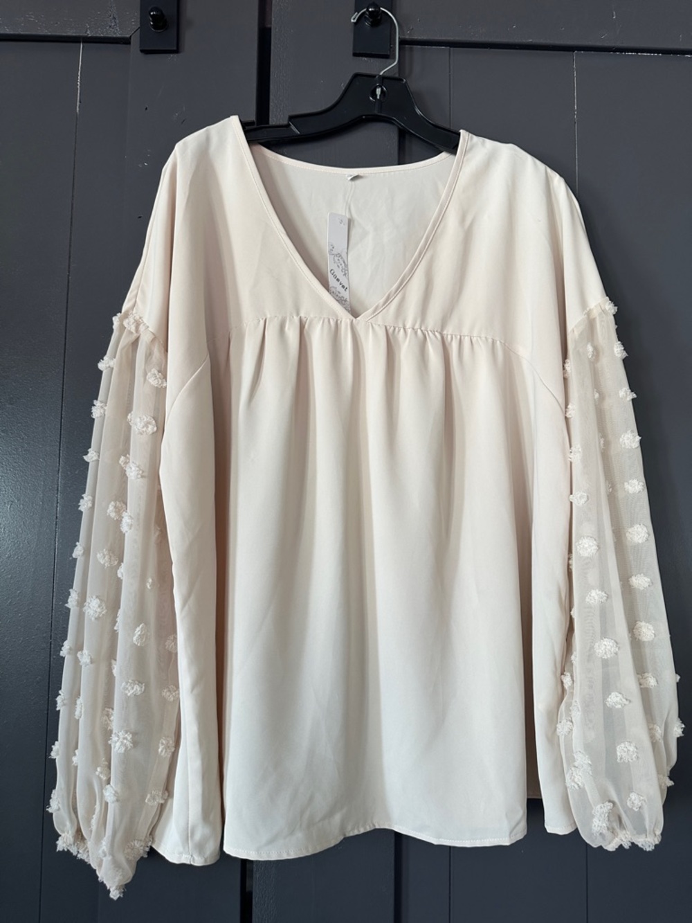 V-Neck Cream Blouse with Textured Sheer Dot Sleeves